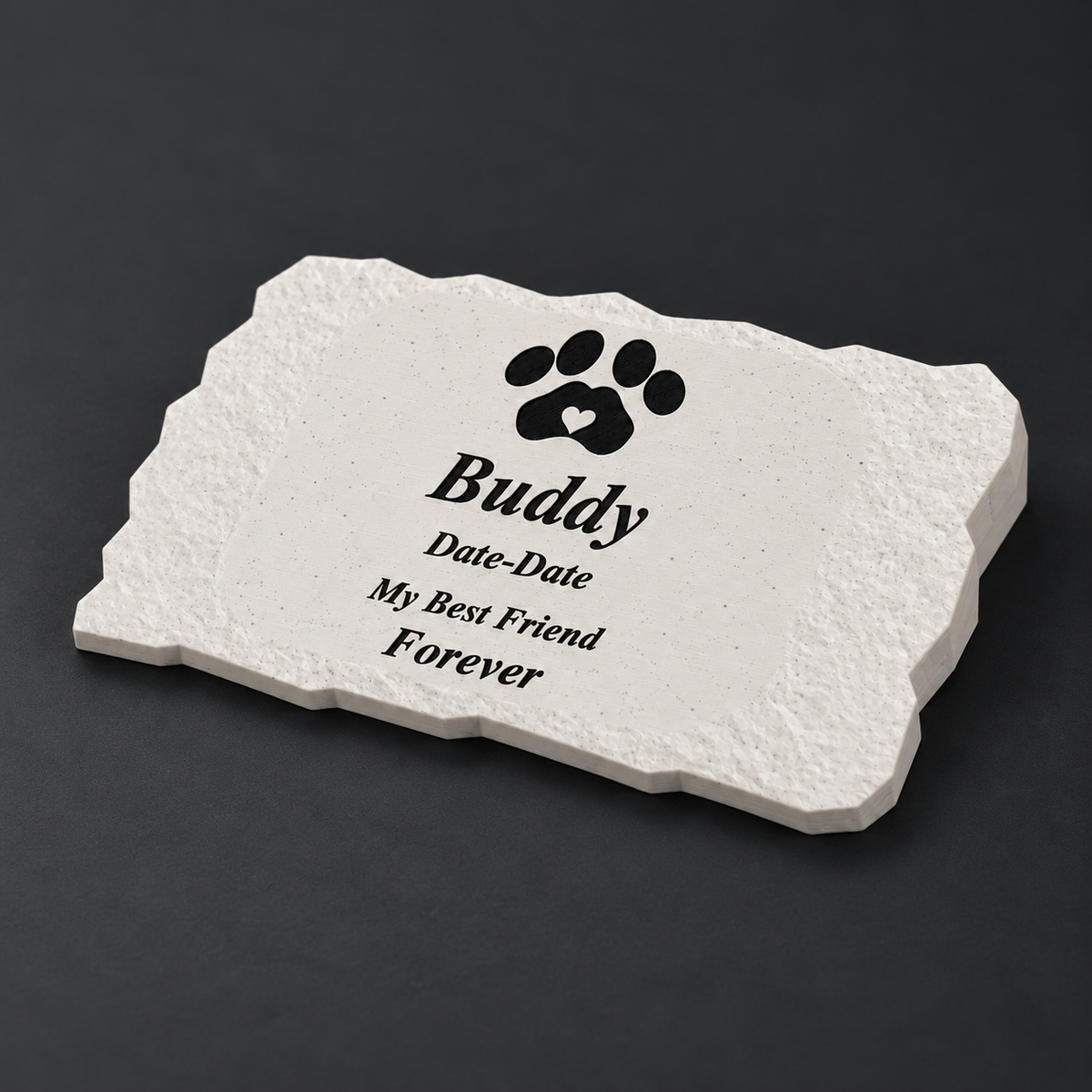 Buddy smooth rectangular 3D-printed marble ASA pet memorial, angled studio view, no LED