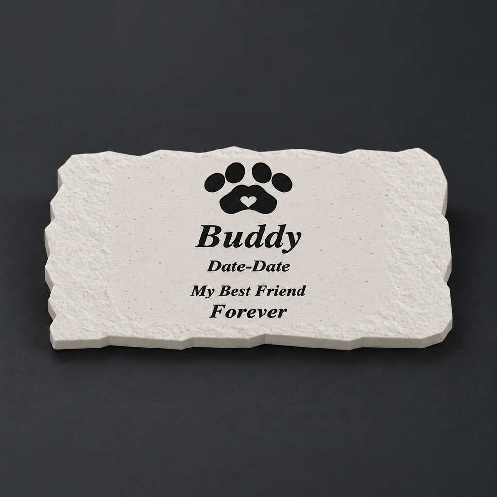 Buddy personalized smooth rectangular pet memorial, 3D-printed matte speckled marble ASA with black lettering and paw, without LED