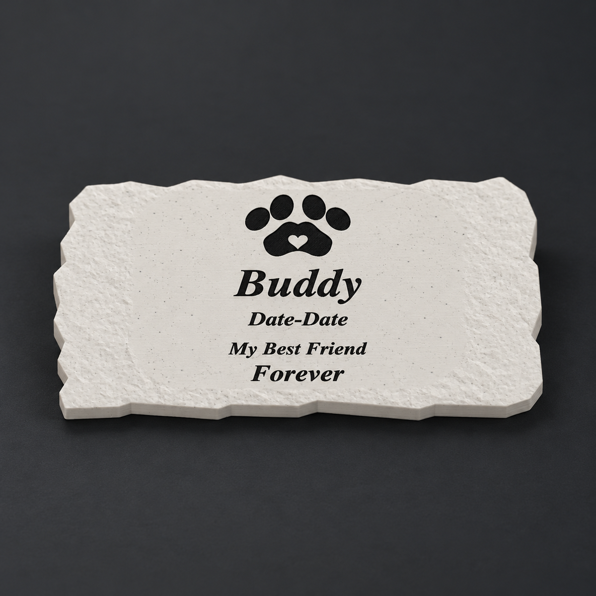 Buddy personalized smooth rectangular pet memorial, 3D-printed matte speckled marble ASA with black lettering and paw, without LED