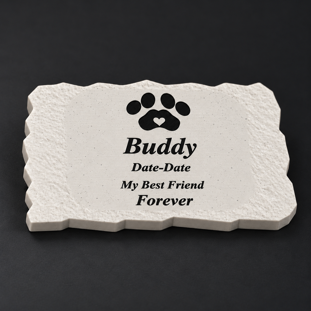 Buddy smooth rectangular 3D-printed marble ASA pet memorial, close view of printed texture and lettering, no LED