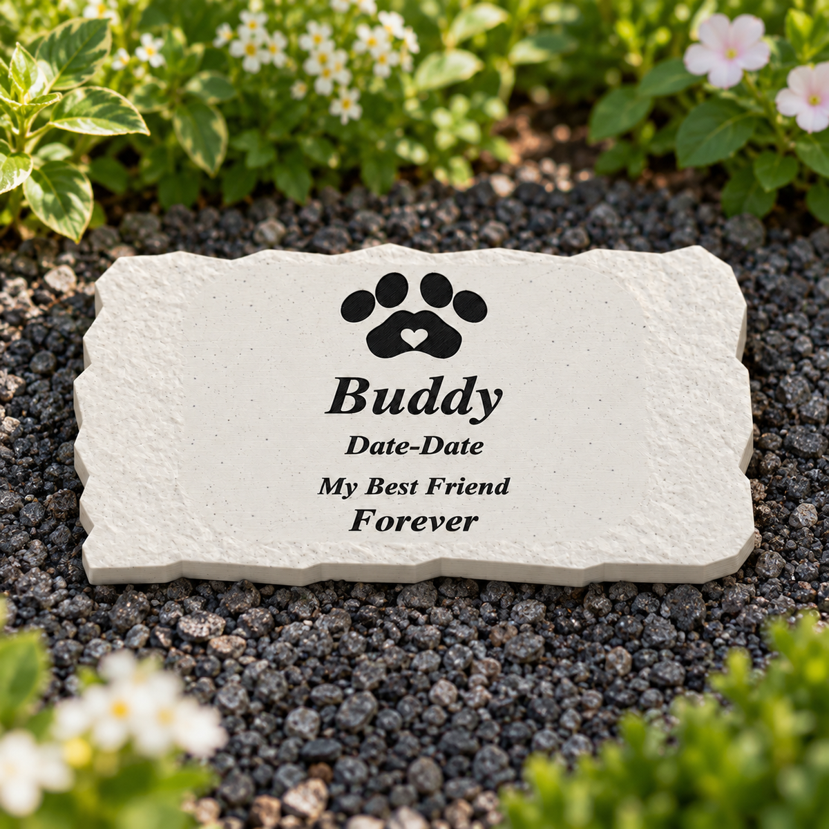 Buddy smooth rectangular 3D-printed marble ASA pet memorial, black personalization in a daylight garden, no LED