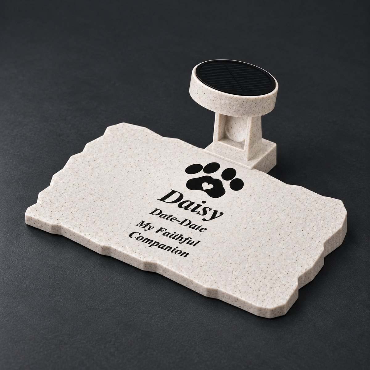 Angled view of the smooth rectangular Daisy pet memorial, shallow wedge body, and matching solar-light holder
