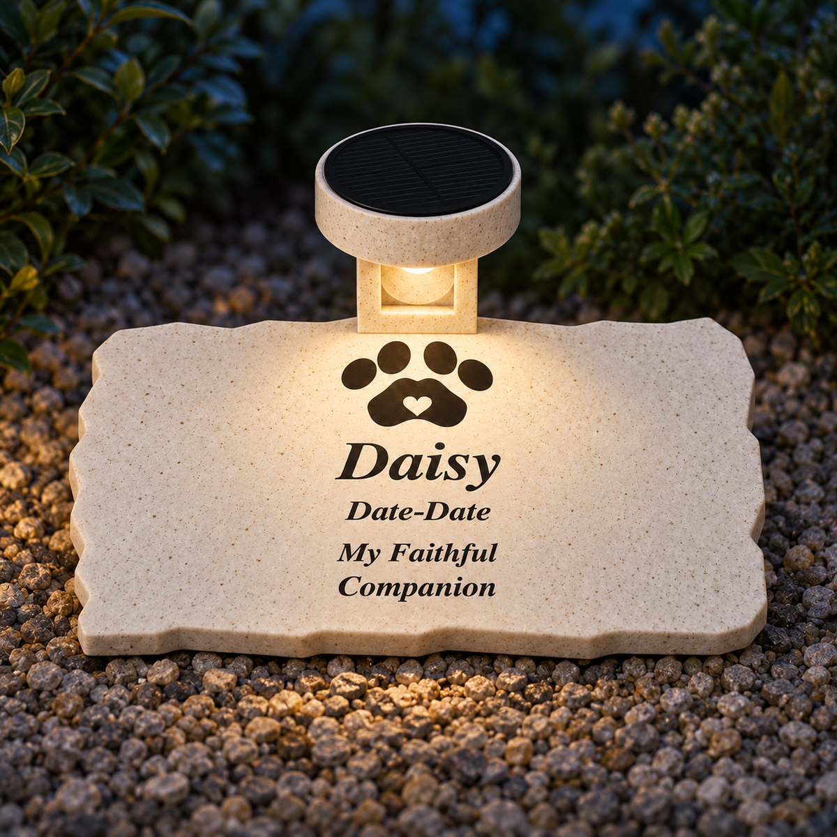 Evening lighting illustration of the solar light softly illuminating the smooth rectangular Daisy pet memorial