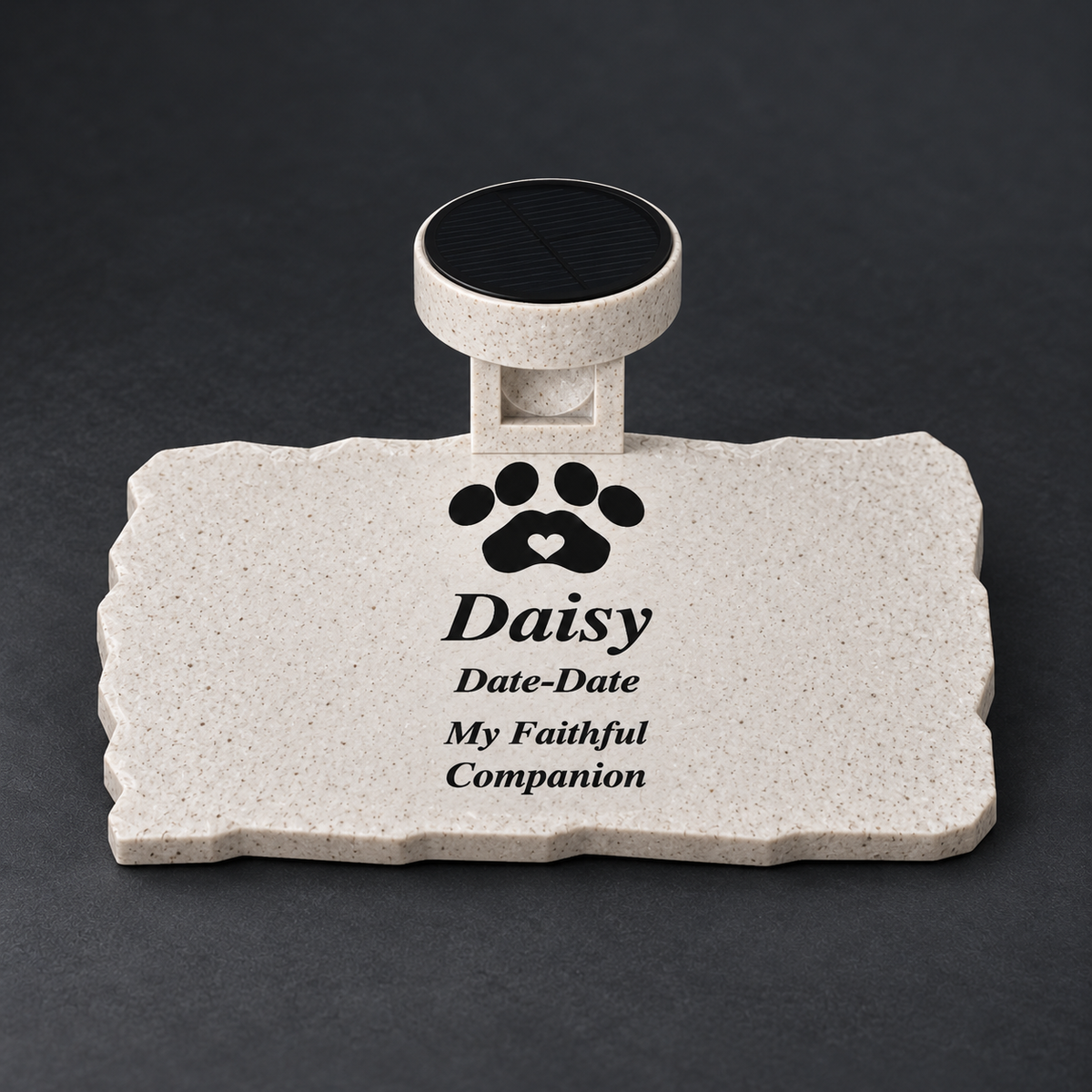 Smooth rectangular pet memorial in marble-look ASA with black Daisy inscription, paw-and-heart detail, and matching solar light