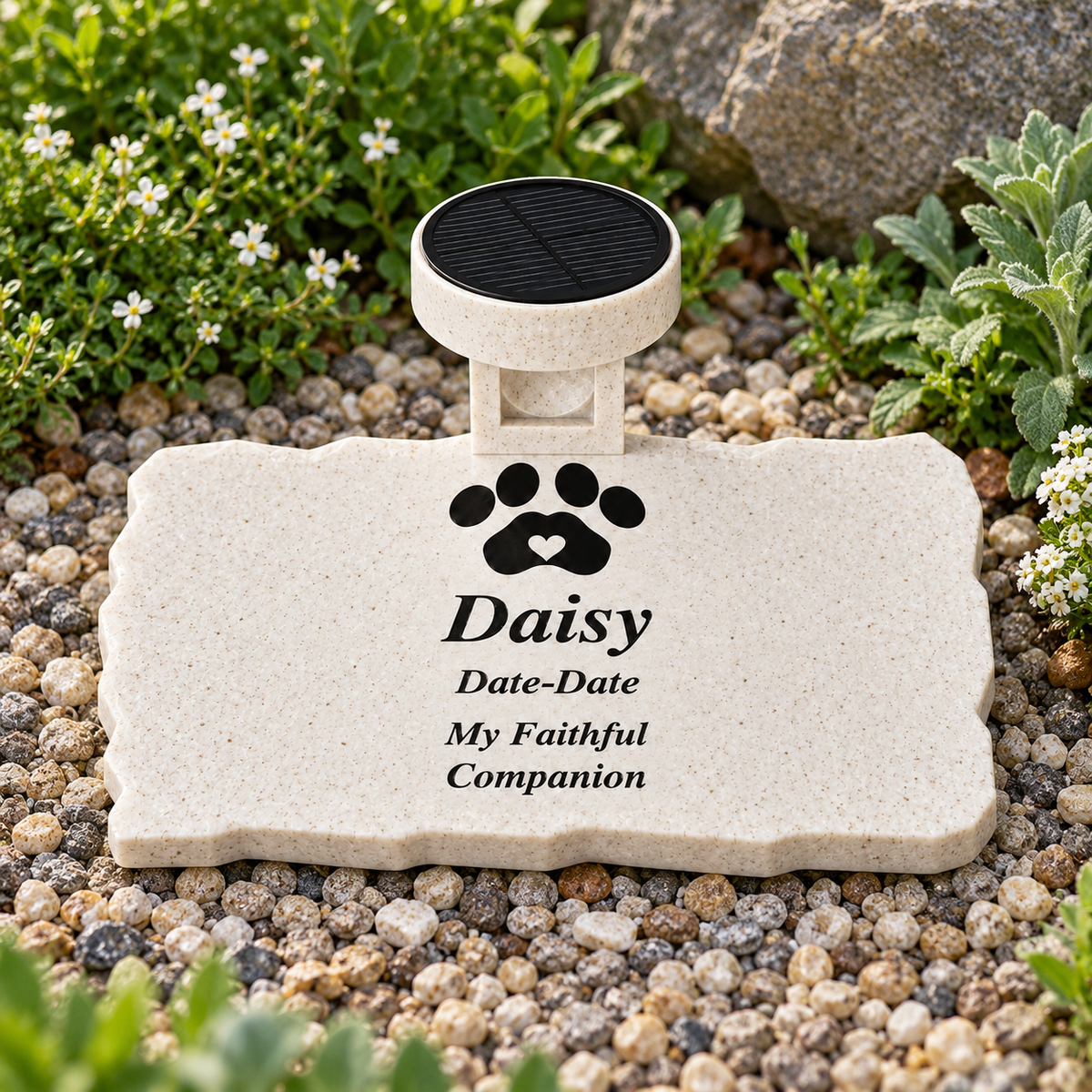 Smooth rectangular personalized pet memorial with matching solar light displayed in a garden during daylight