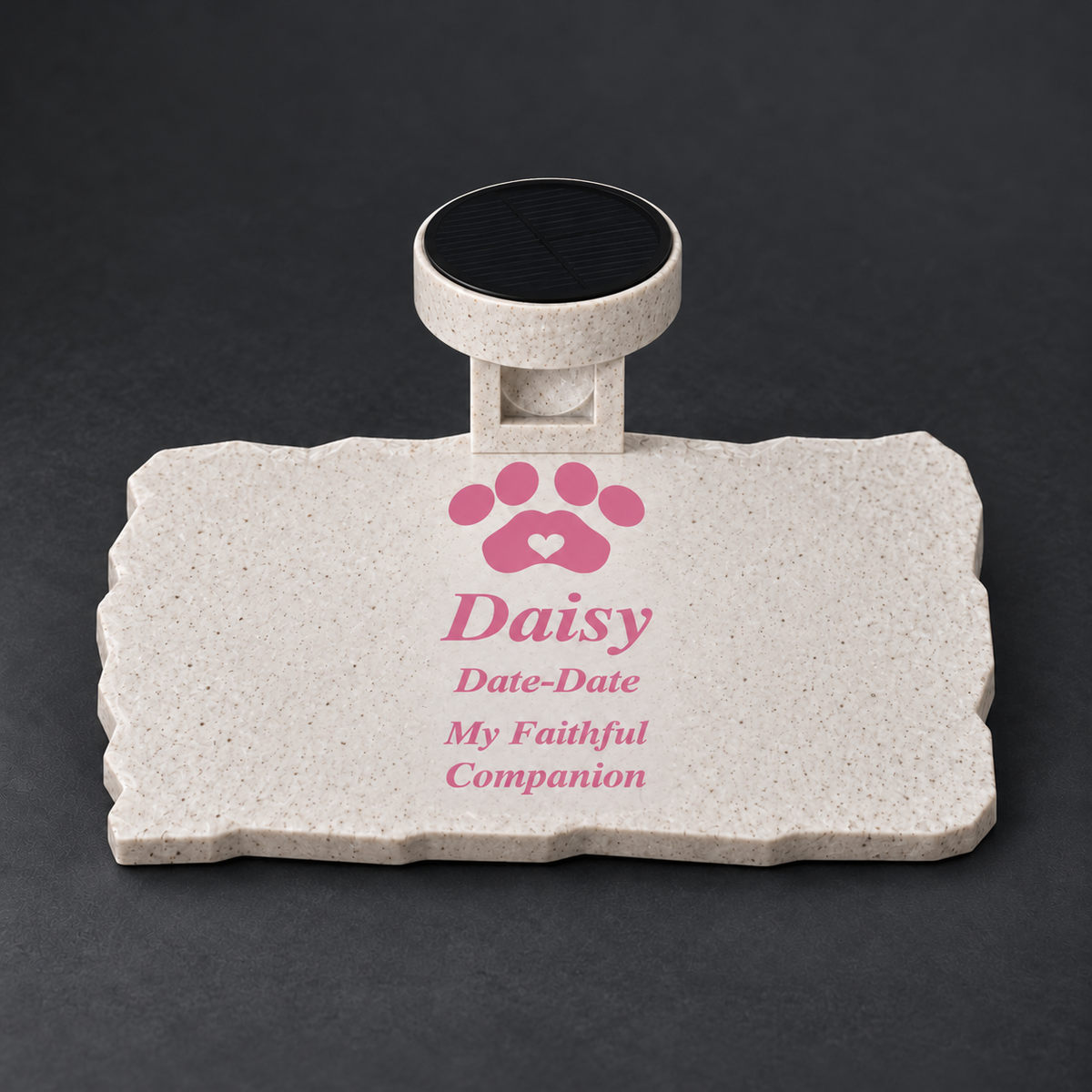 Smooth rectangular marble-look pet memorial with Daisy inscription and paw in pink, marble-white heart, and matching solar light