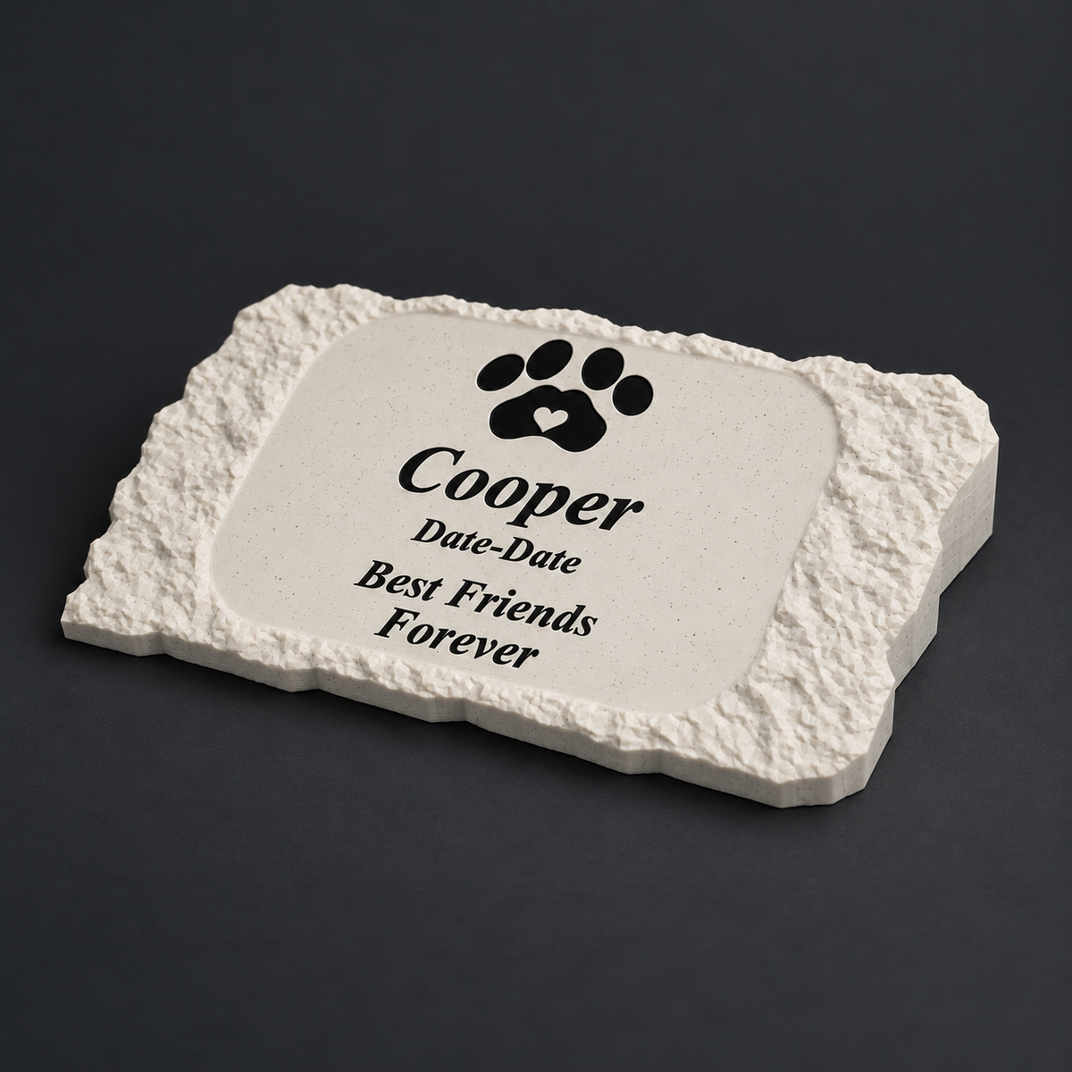 Personalized Pet Memorial – Rough Rectangle – Cooper with black lettering and paw; angled view of matte speckled 3D-printed ASA, without LED.