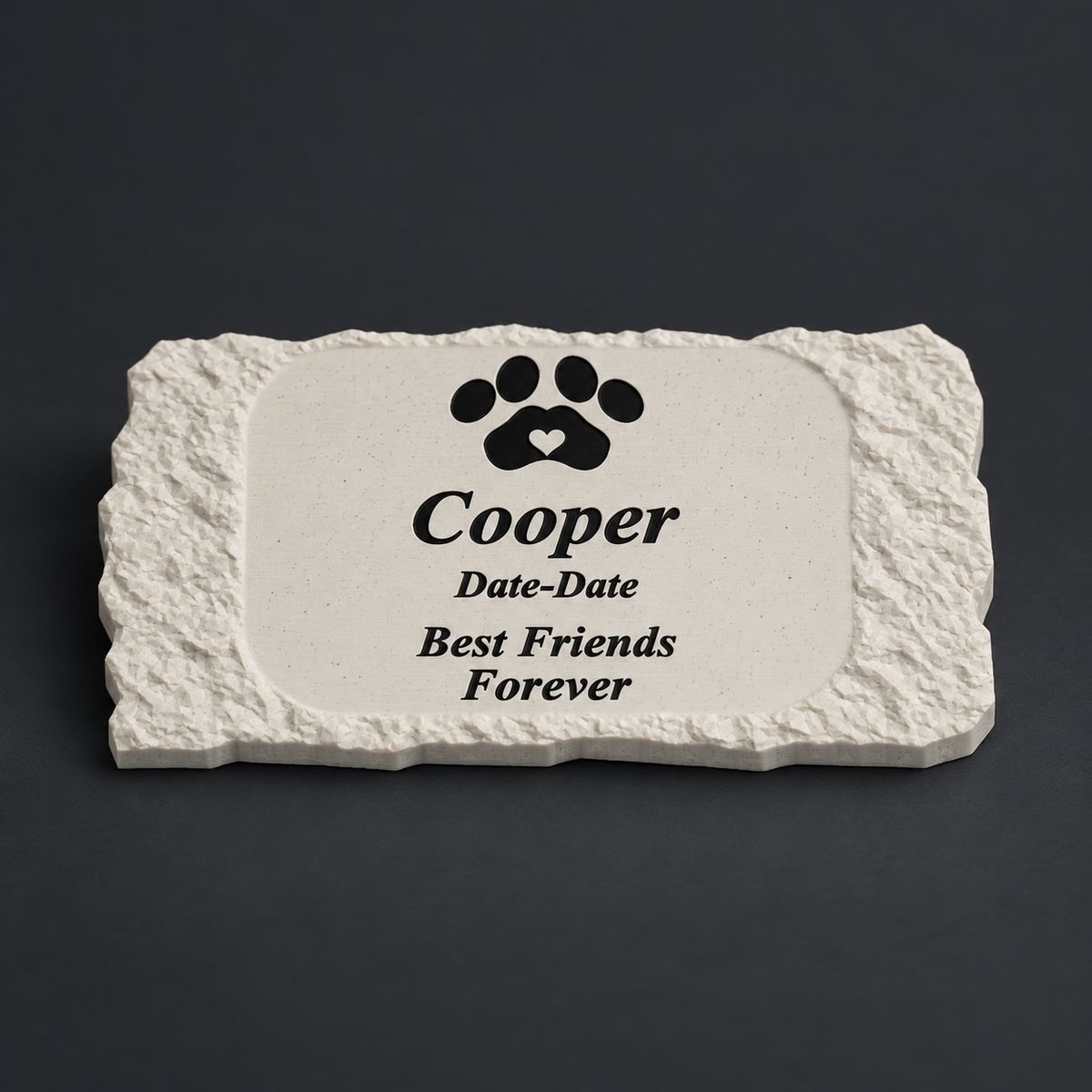 Cooper personalized rough rectangular pet memorial, 3D-printed matte speckled marble ASA with black lettering and paw, without LED