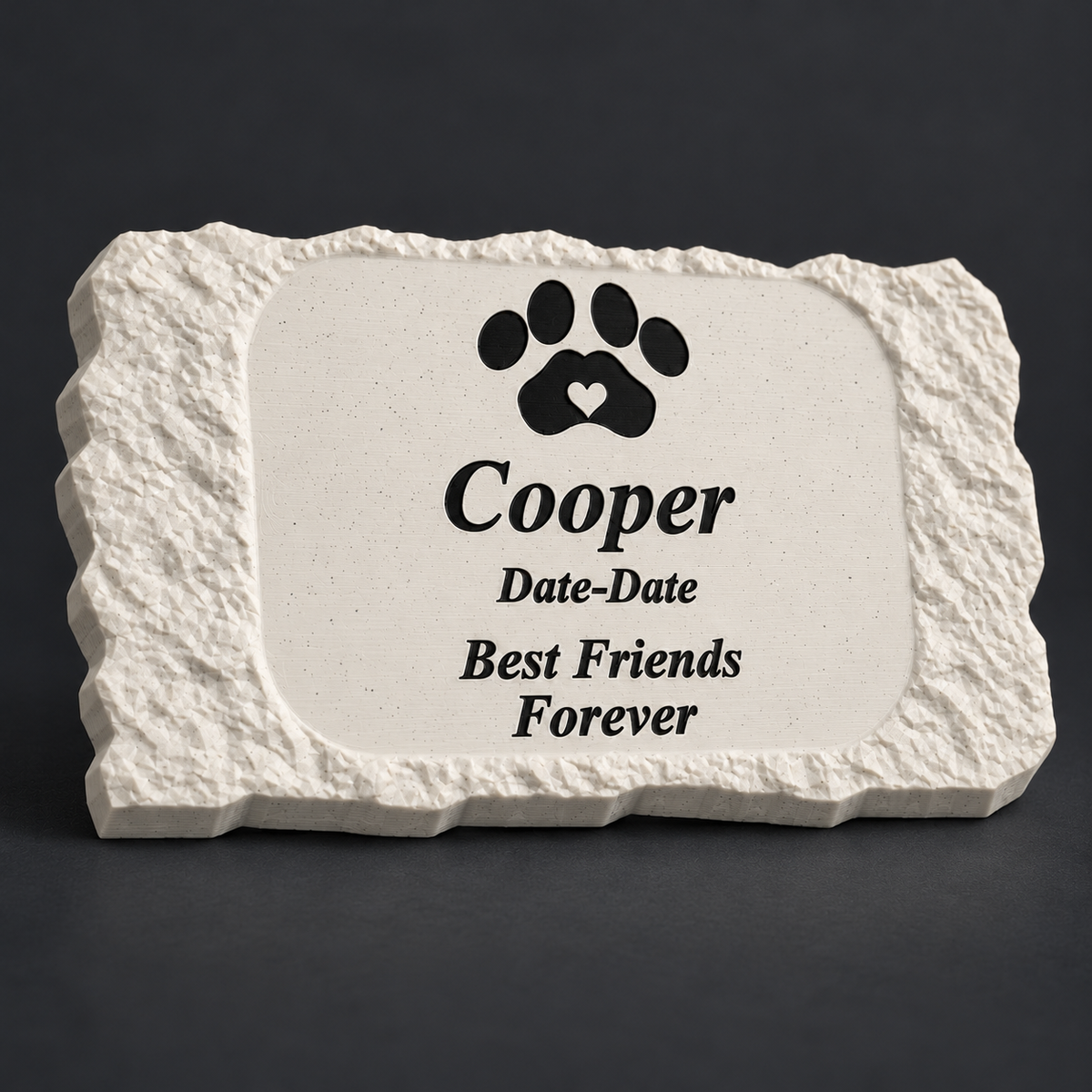 Cooper rough rectangular 3D-printed marble ASA pet memorial, close view of printed texture and lettering, no LED