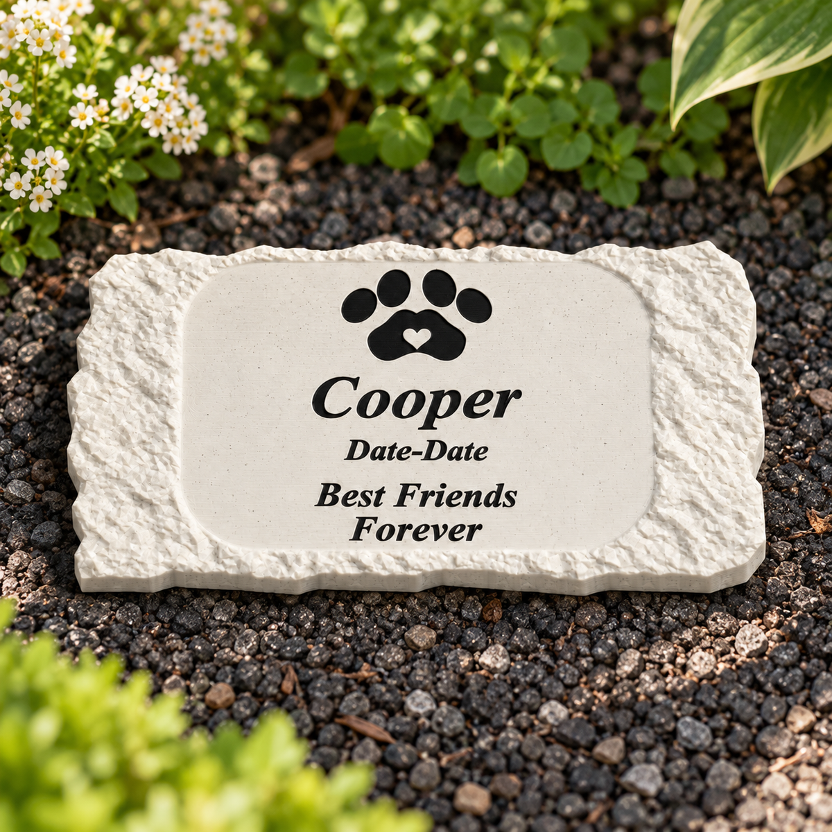 Cooper rough rectangular 3D-printed marble ASA pet memorial, black personalization in a daylight garden, no LED