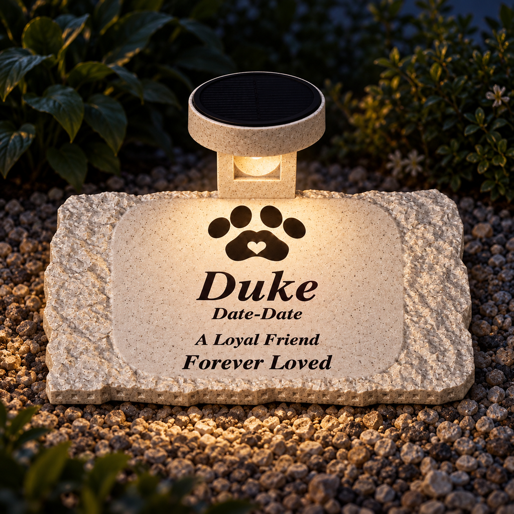 Evening lighting illustration of the solar light illuminating the rough rectangular Duke pet memorial