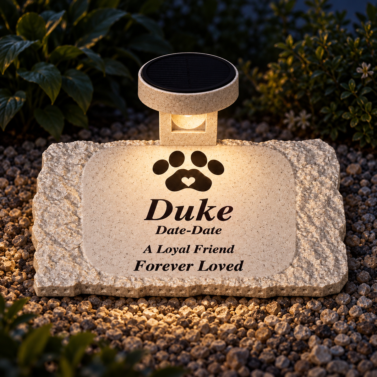 Evening lighting illustration of the solar light illuminating the rough rectangular Duke pet memorial