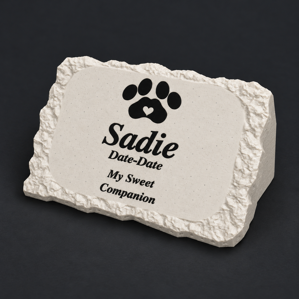 Sadie small rough rectangular 3D-printed marble ASA pet memorial, angled studio view, no LED