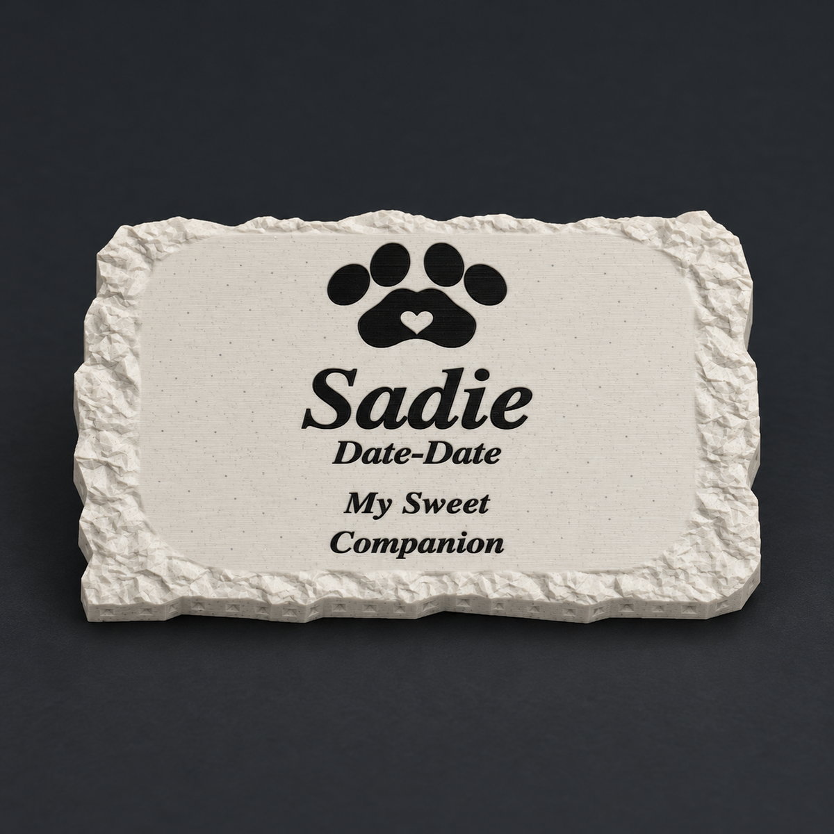 Sadie personalized small rough rectangular pet memorial, 3D-printed matte speckled marble ASA with black lettering and paw, without LED
