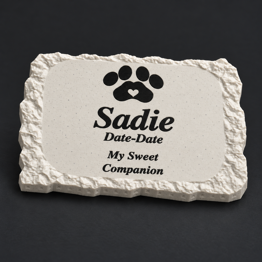 Personalized Pet Memorial – Small Rough Rectangle – Sadie with black lettering and paw; close-up of fine 3D print layers of matte speckled 3D-printed ASA, without LED.