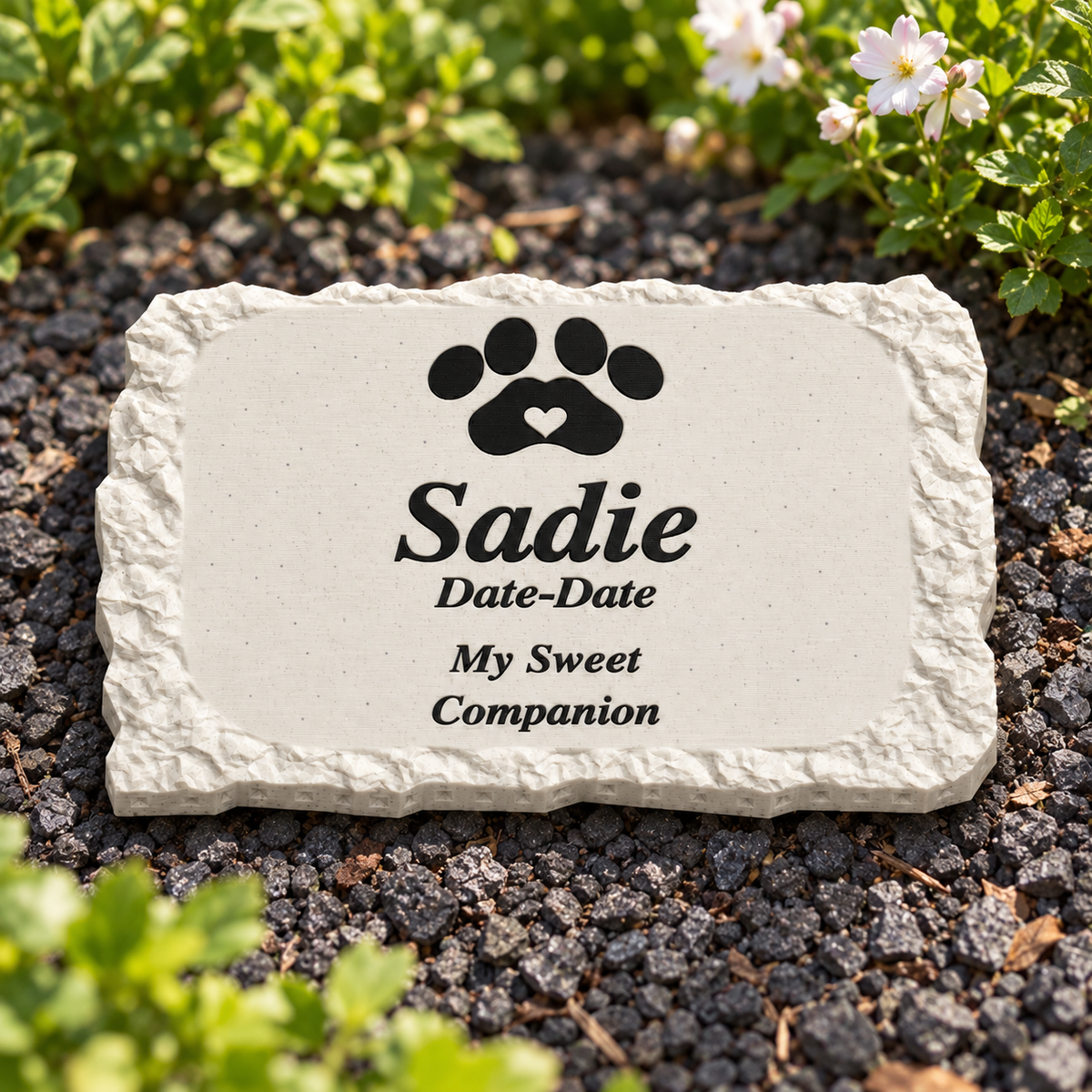 Sadie small rough rectangular 3D-printed marble ASA pet memorial, black personalization in a daylight garden, no LED