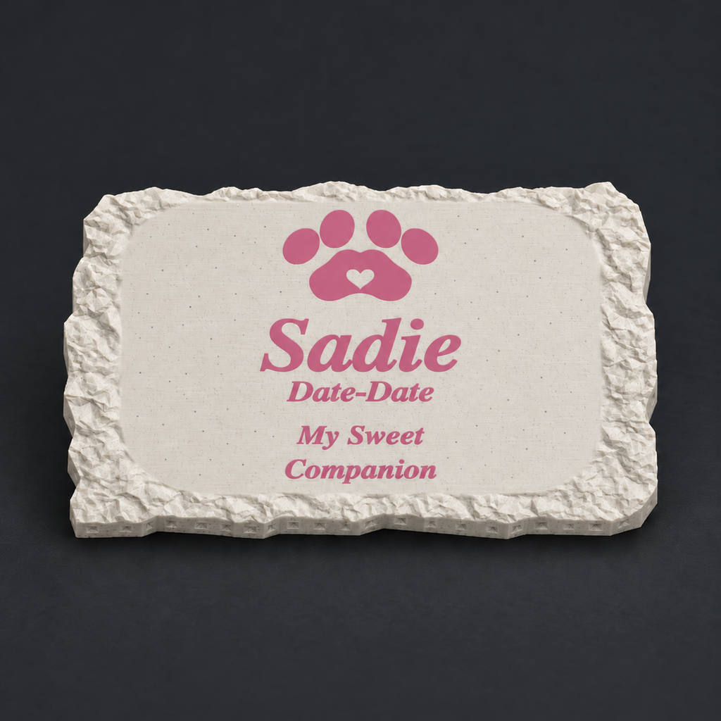 Sadie small rough rectangular 3D-printed marble ASA pet memorial, pink lettering and paw, no LED