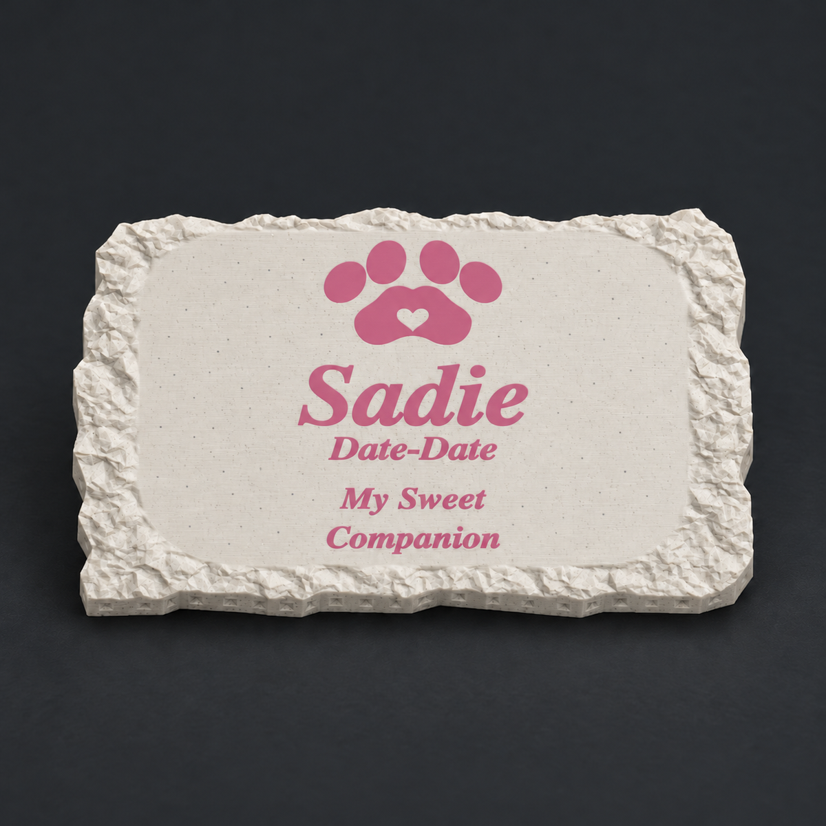 Sadie small rough rectangular 3D-printed marble ASA pet memorial, pink lettering and paw, no LED