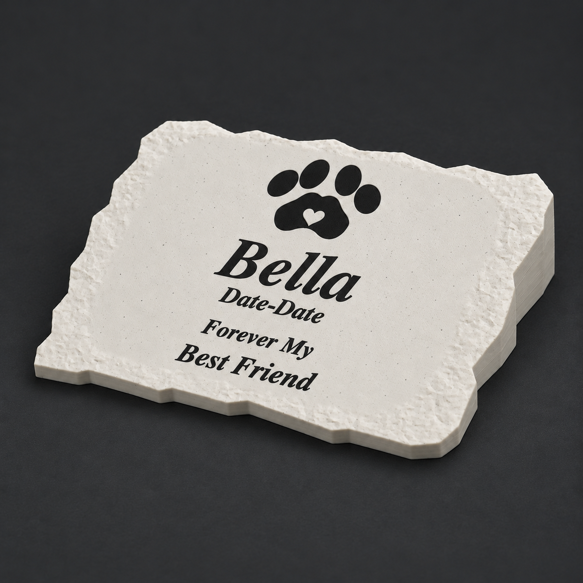 Personalized Pet Memorial – Small Smooth Rectangle – Bella with black lettering and paw; angled view of matte speckled 3D-printed ASA, without LED.