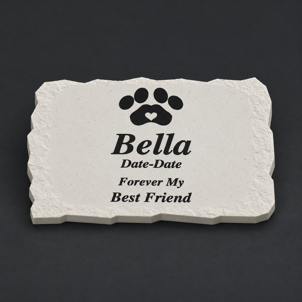 Bella personalized small smooth rectangular pet memorial, 3D-printed matte speckled marble ASA with black lettering and paw, without LED