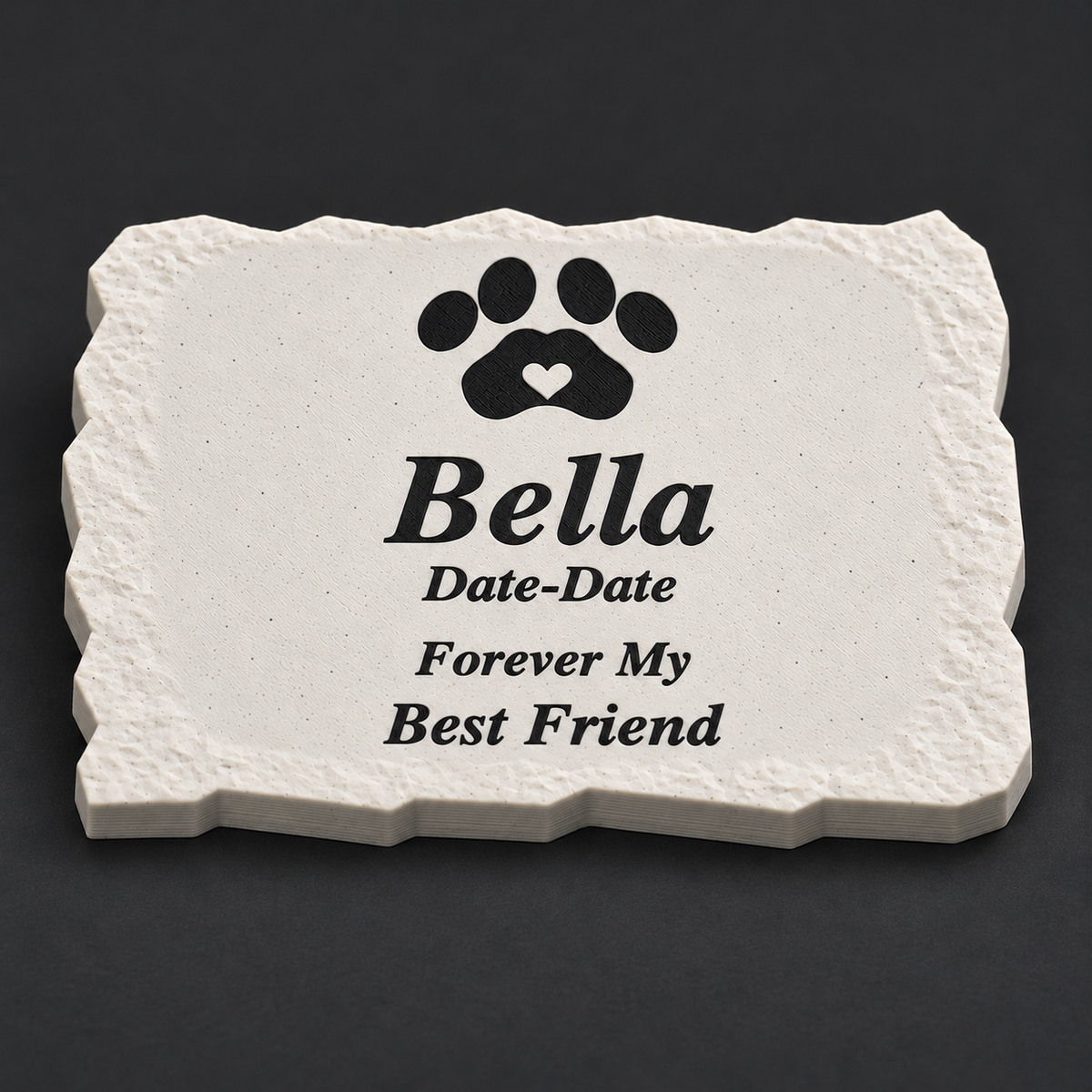 Personalized Pet Memorial – Small Smooth Rectangle – Bella with black lettering and paw; close-up of fine 3D print layers of matte speckled 3D-printed ASA, without LED.