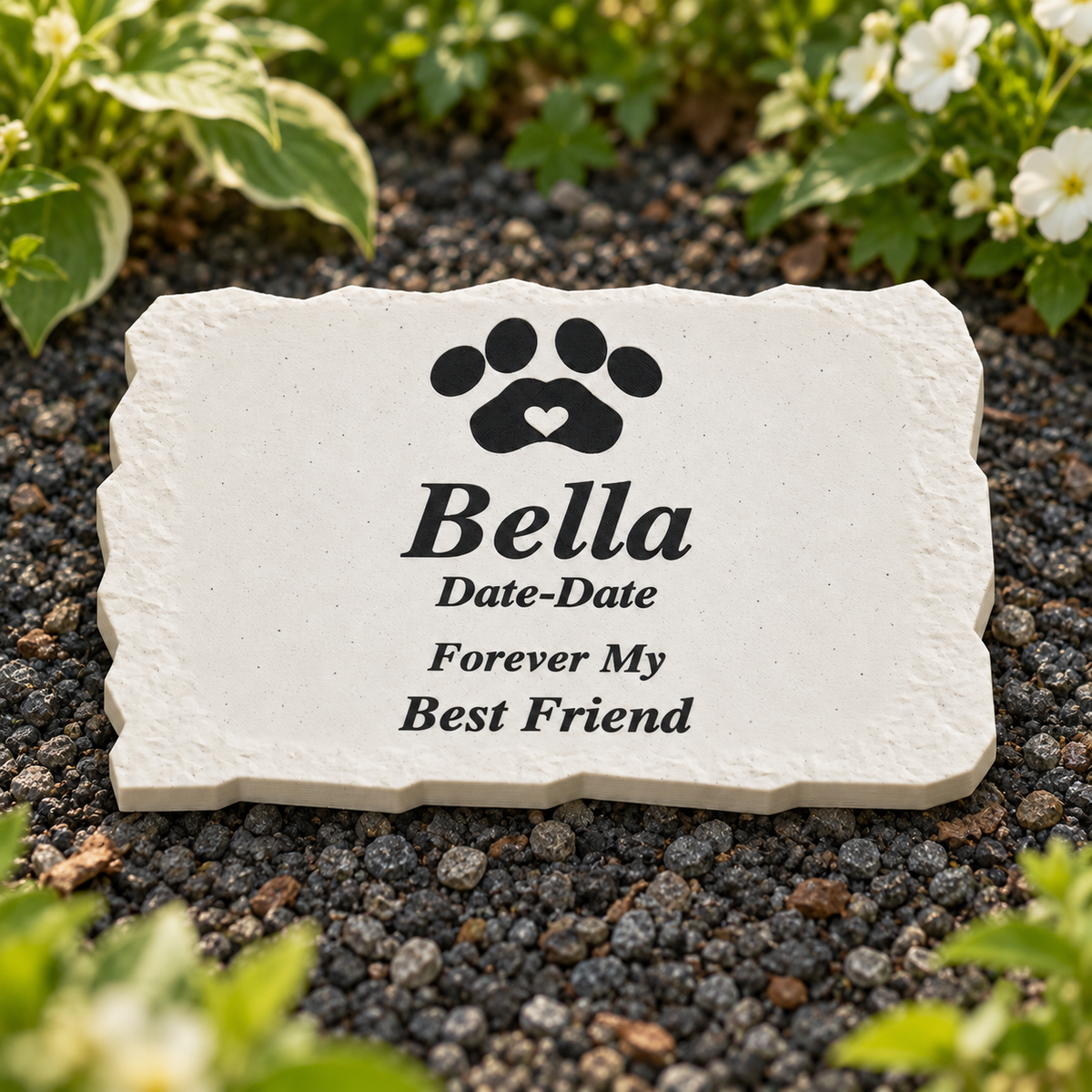 Bella small smooth rectangular 3D-printed marble ASA pet memorial, black personalization in a daylight garden, no LED