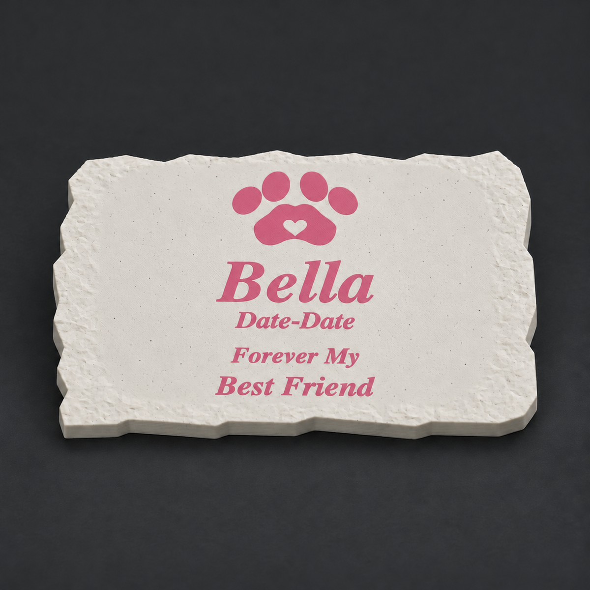 Bella small smooth rectangular 3D-printed marble ASA pet memorial, pink lettering and paw, no LED