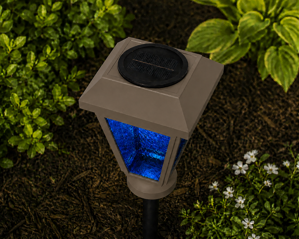 Lantern with Blue Textured Glass LED Bulb Solar Landscape Light – Olive Brown