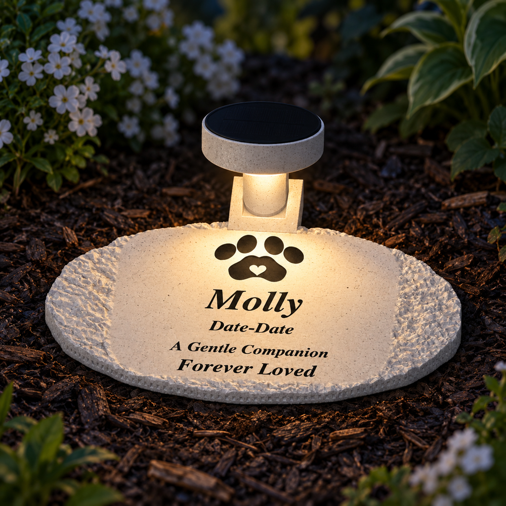 Evening illustration of the overhead solar light illuminating the pet memorial inscription