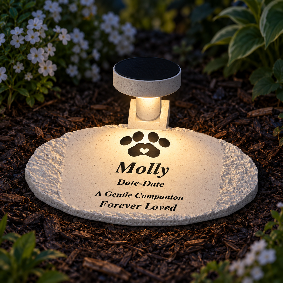 Evening illustration of the overhead solar light illuminating the pet memorial inscription