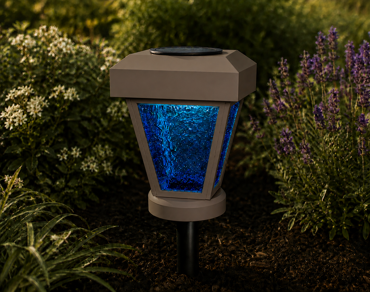 Lantern with Blue Textured Glass LED Bulb Solar Landscape Light – Olive Brown