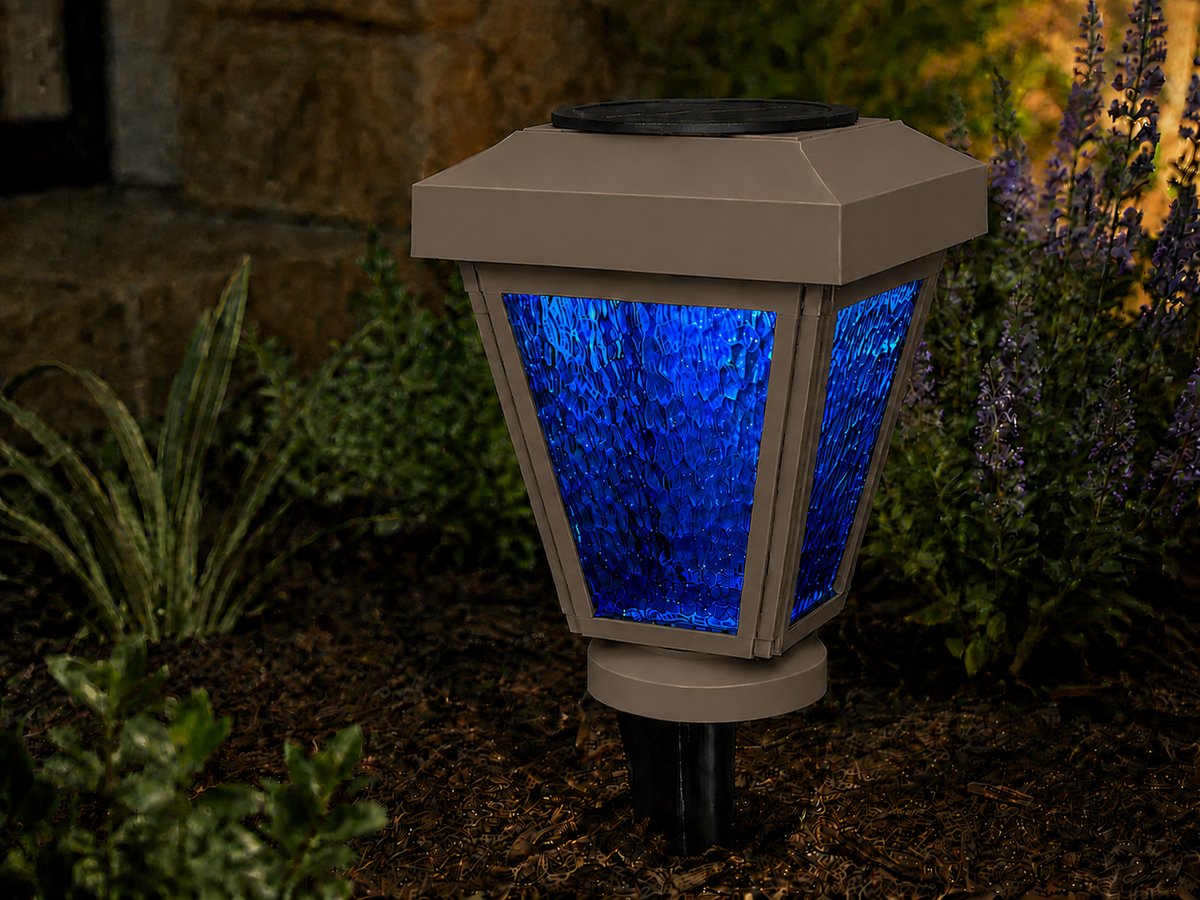 Lantern with Blue Textured Glass LED Bulb Solar Landscape Light – Olive Brown