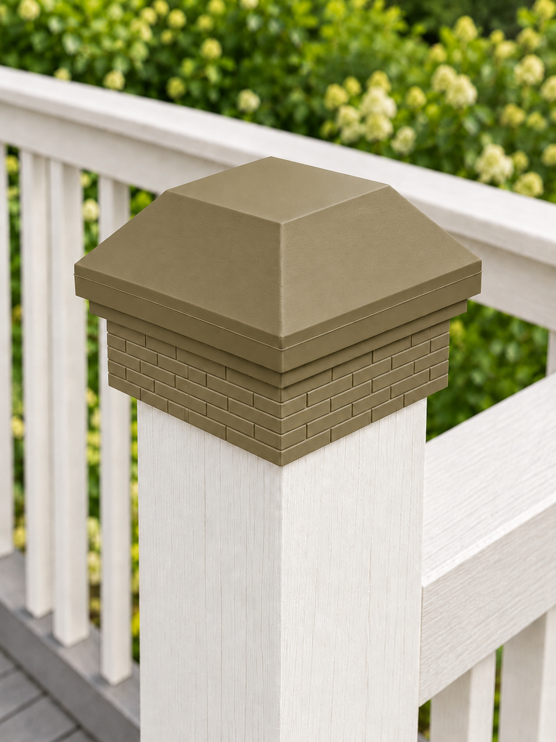 4×4 Post Cap – High Roof with Brick Base – Olive Brown – Fits 3.5″ Posts