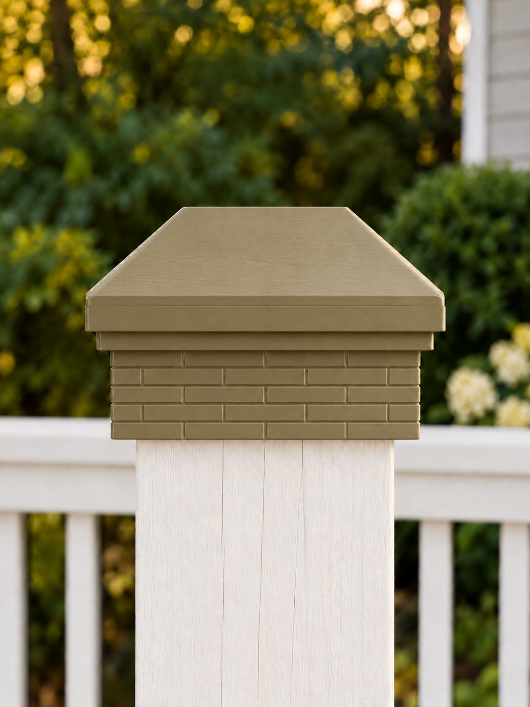 4×4 Post Cap – High Roof with Brick Base – Olive Brown – Fits 3.5″ Posts