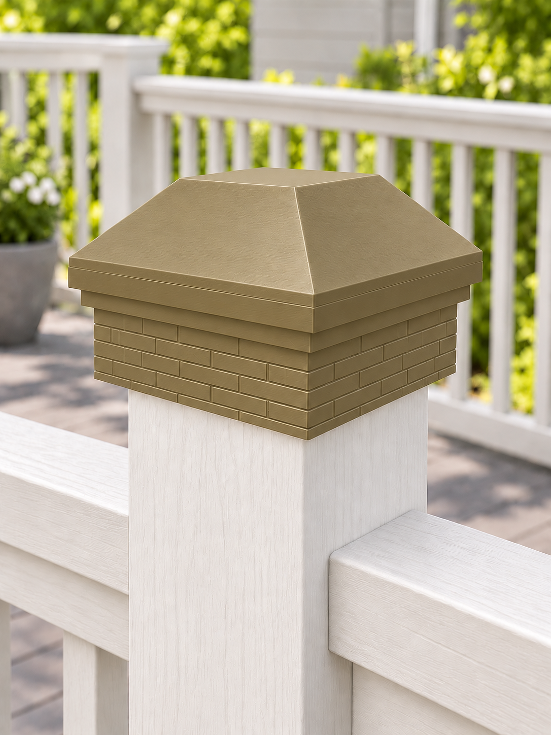 4×4 Post Cap – High Profile Roof with Brick Base – Olive Brown – Fits 4″ Posts