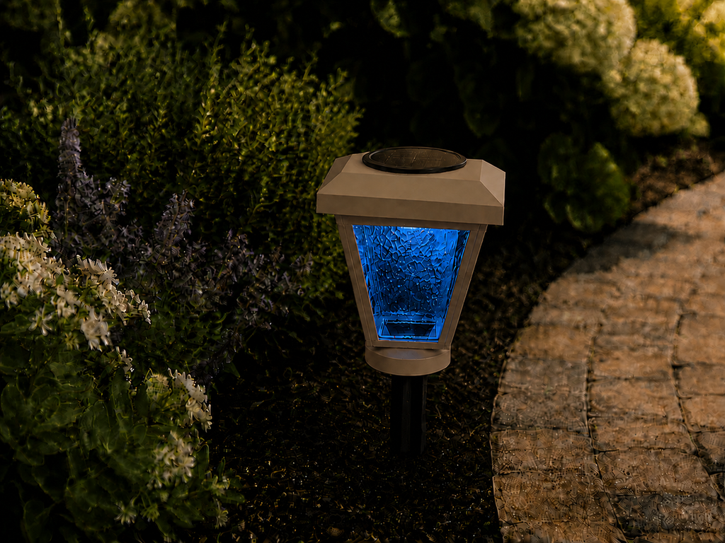 Lantern with Blue Textured Glass LED Bulb Solar Landscape Light – Olive Brown