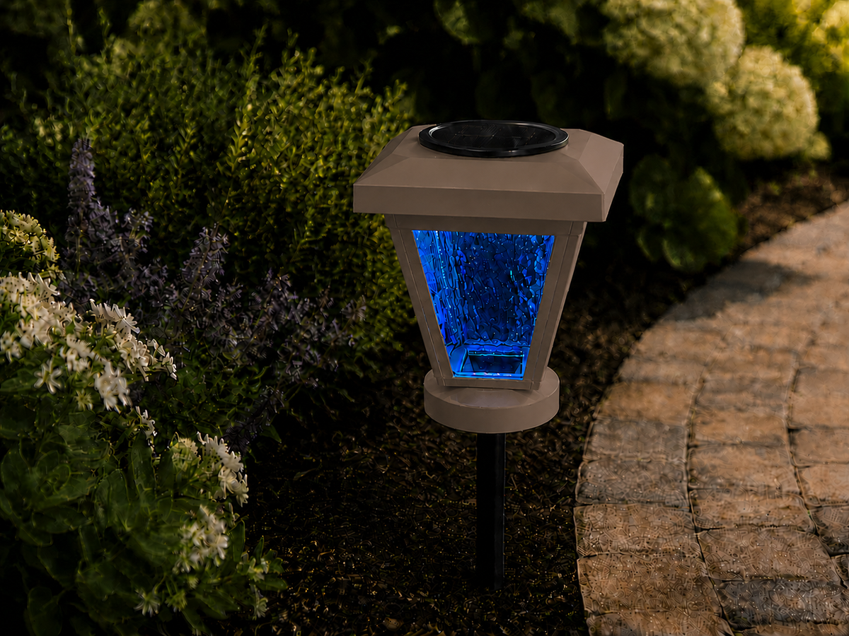 Lantern with Blue Textured Glass LED Bulb Solar Landscape Light – Olive Brown