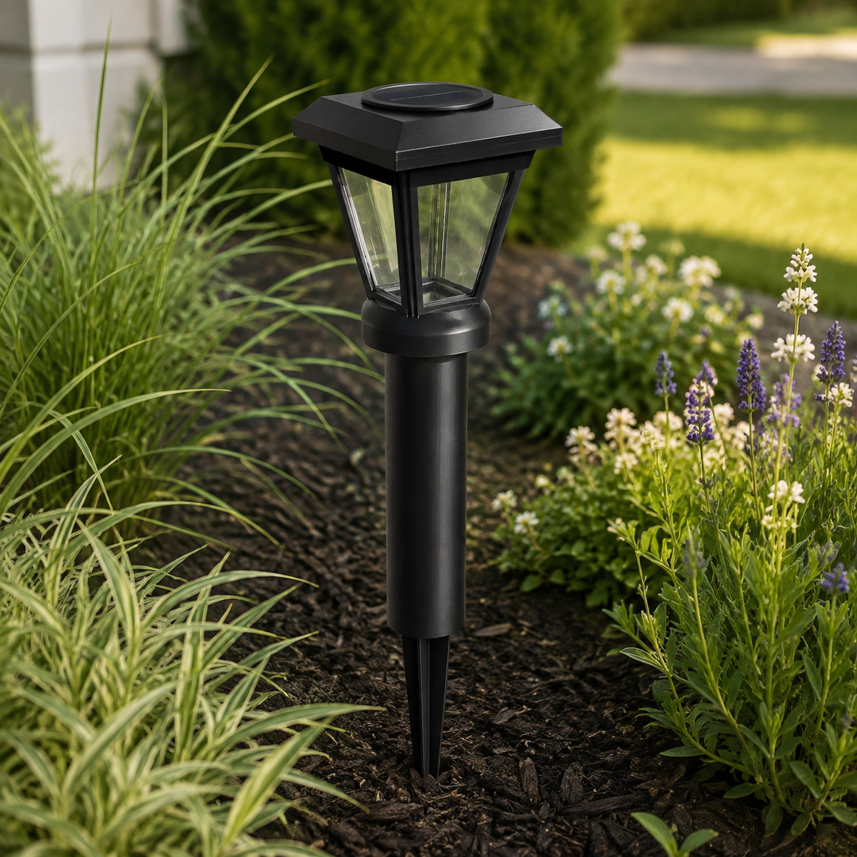 6 inch riser Lantern with Clear Glass LED Bulb Solar Landscape Light – Black