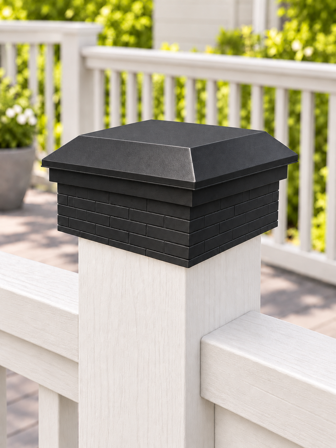 4×4 Post Cap – Low Profile Roof with Brick Base – Black – Fits 3.5″ Posts