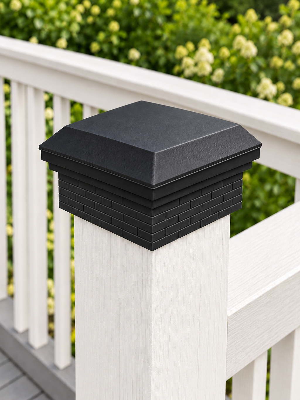 4×4 Post Cap – Low Profile Roof with Brick Base – Black – Fits 4″ Posts