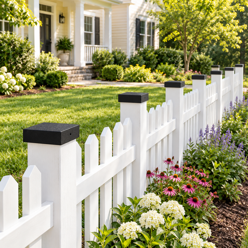 Black plain post caps installed along a fence