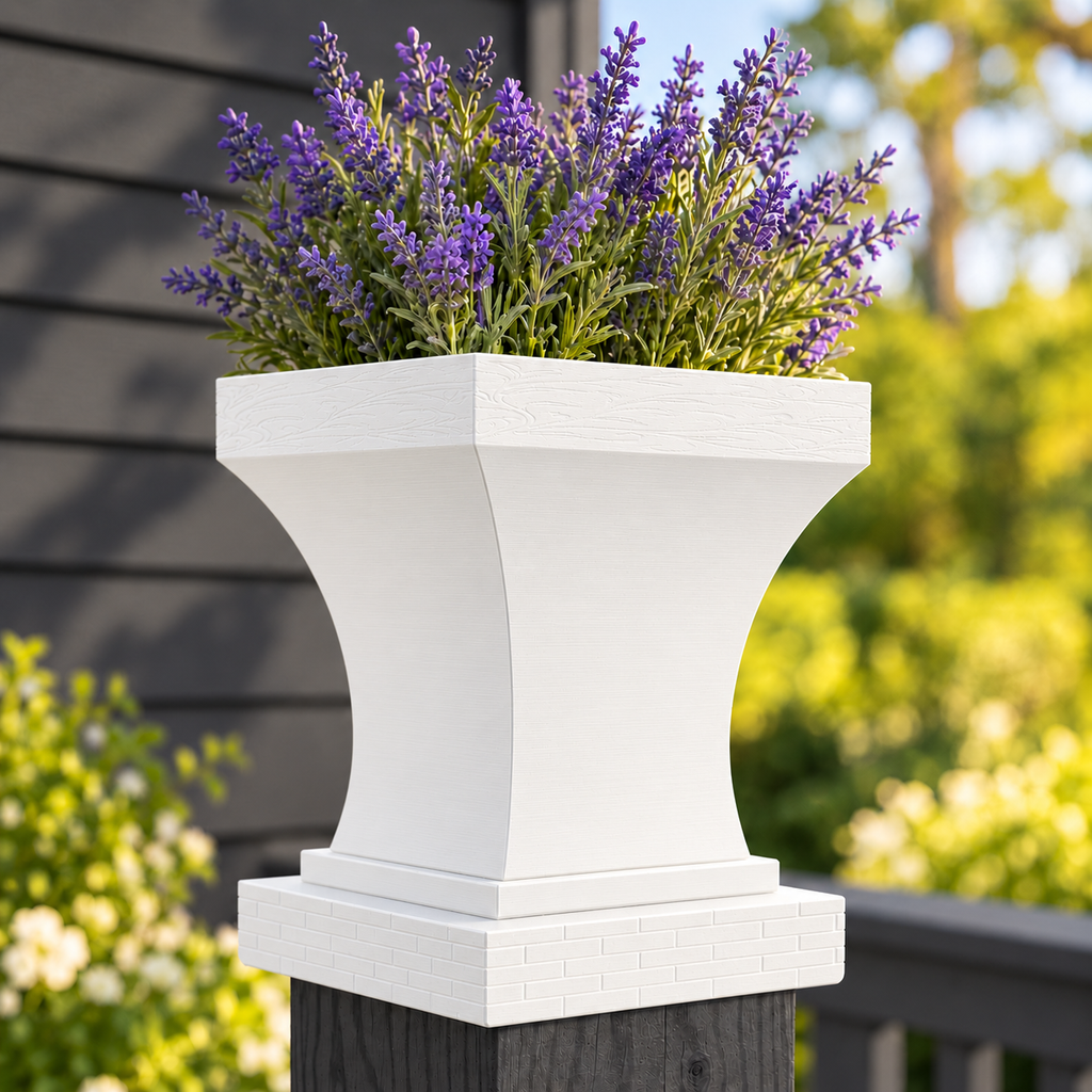 6x6 Post Cap Planter – White – Brick Base 5.5x5.5 Post Size