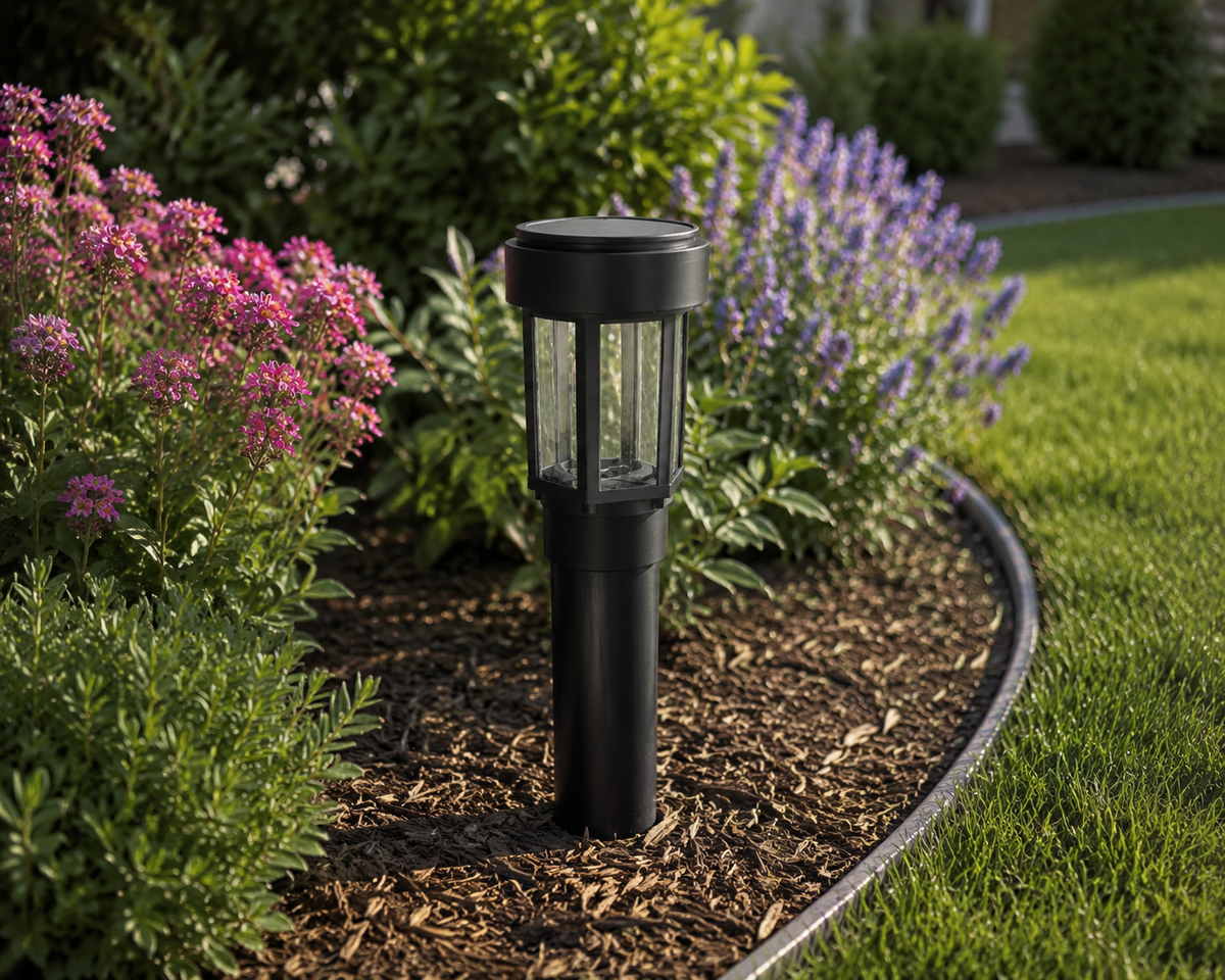 Decorative Clear Glass LED Solar Landscape Light with Riser – Black