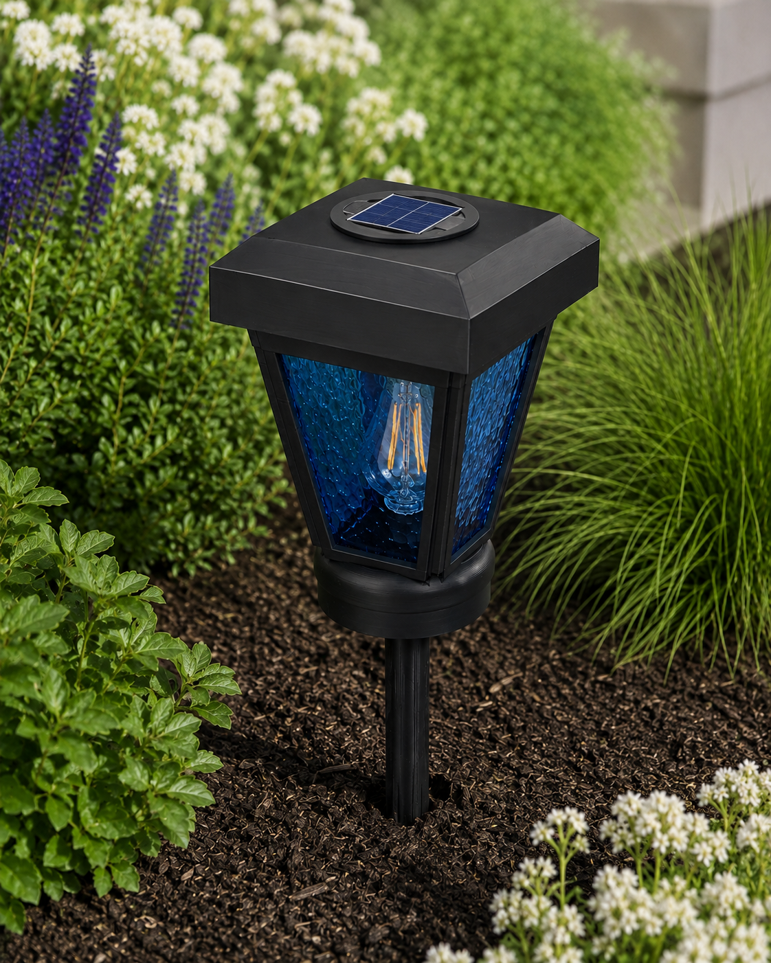 Lantern with Blue Textured Glass Small Edison Bulb Solar Landscape Light – Black