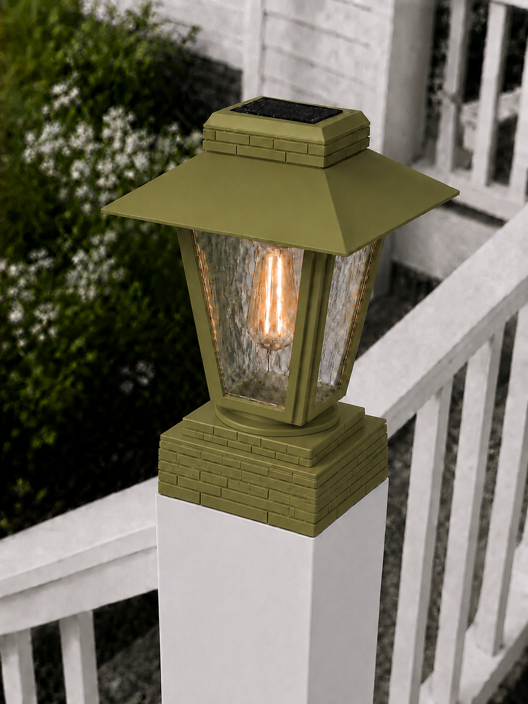 Lantern with Rippled Glass 4-Inch Edison Bulb 4.5-Inch Solar Post Cap Light – Natural Green