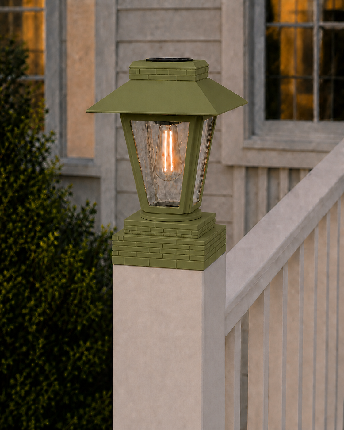 Lantern with Rippled Glass 4-Inch Edison Bulb 4.5-Inch Solar Post Cap Light – Natural Green