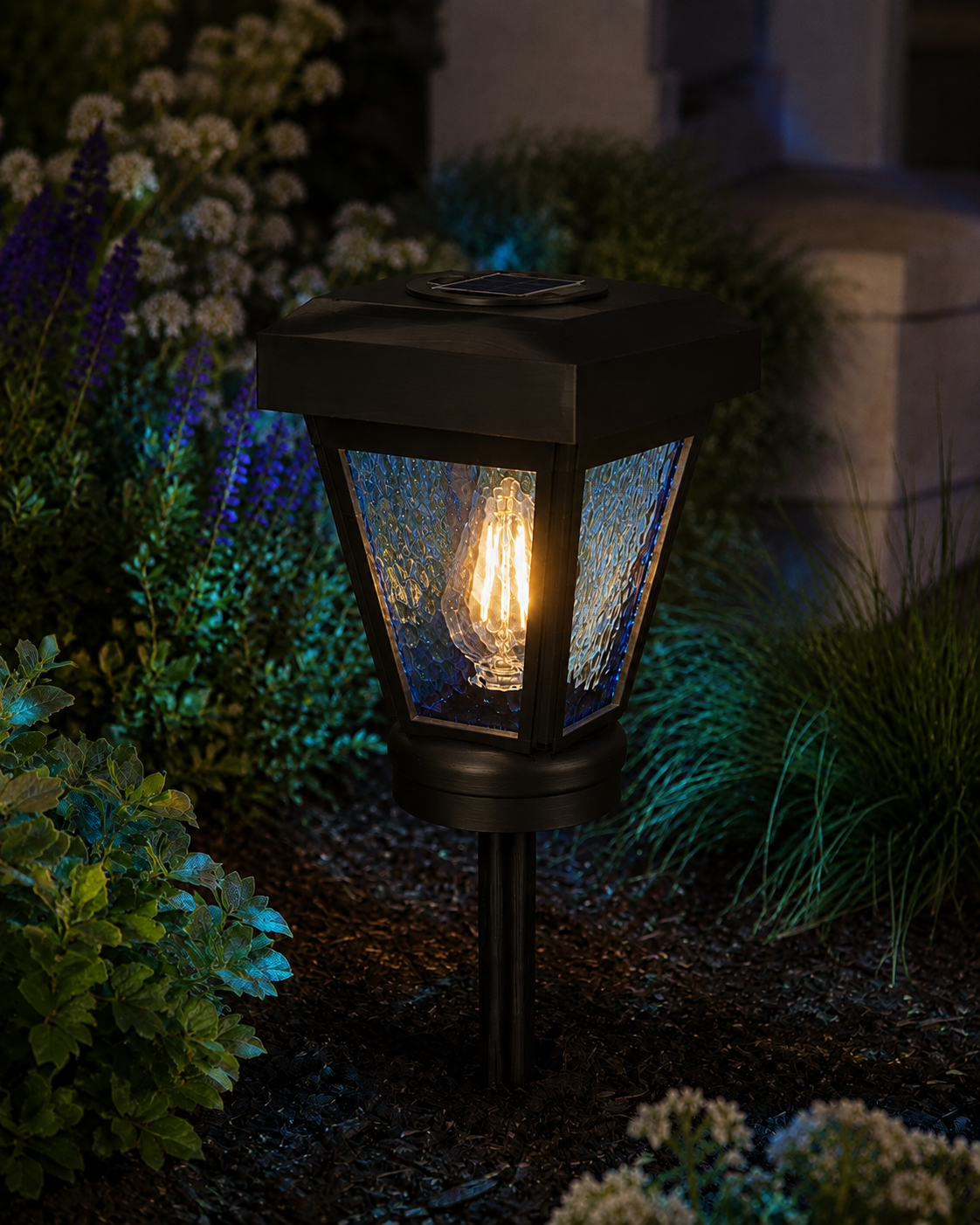 Lantern with Blue Textured Glass Small Edison Bulb Solar Landscape Light – Black