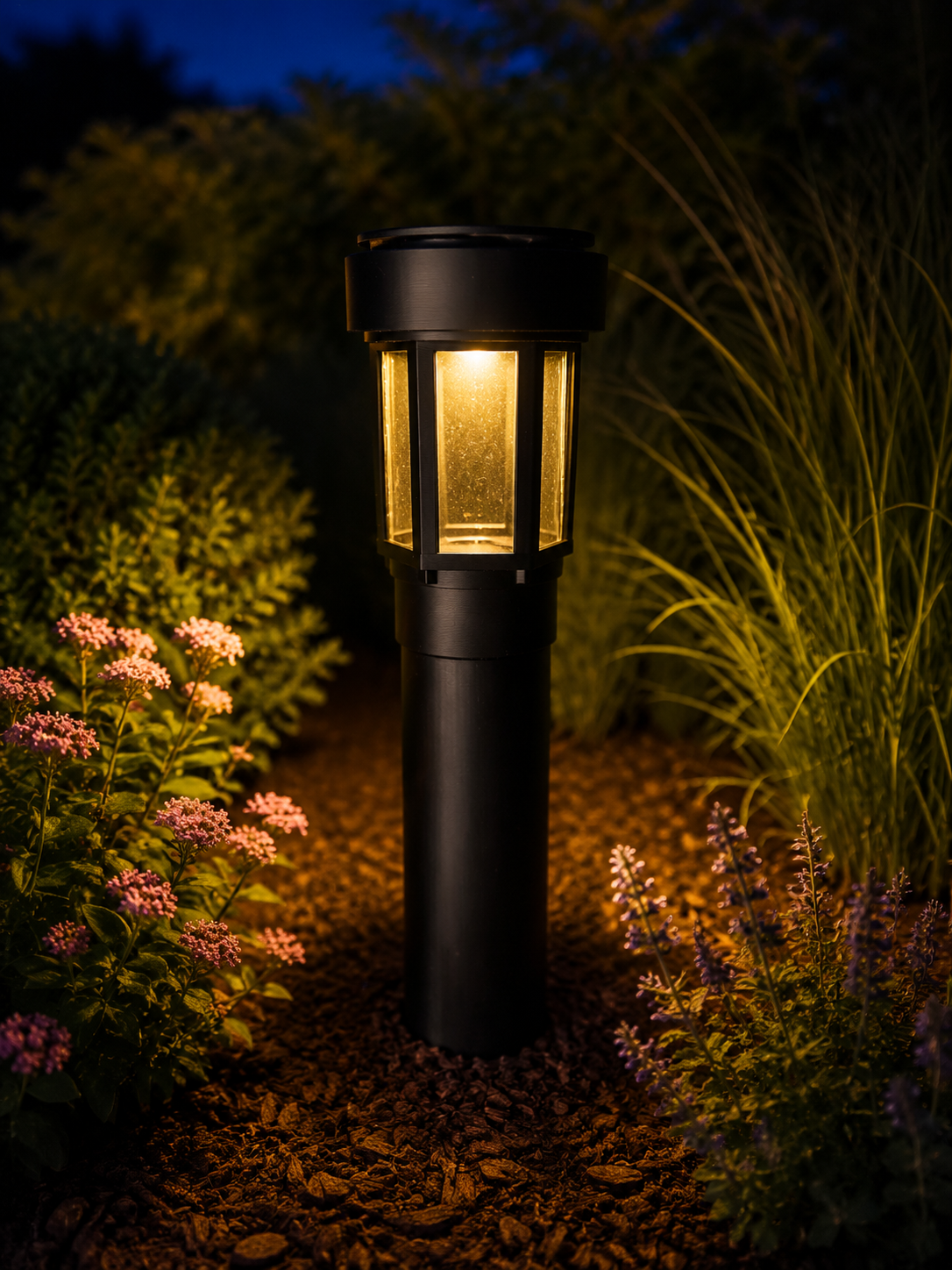 Decorative Clear Glass LED Solar Landscape Light with Riser – Black