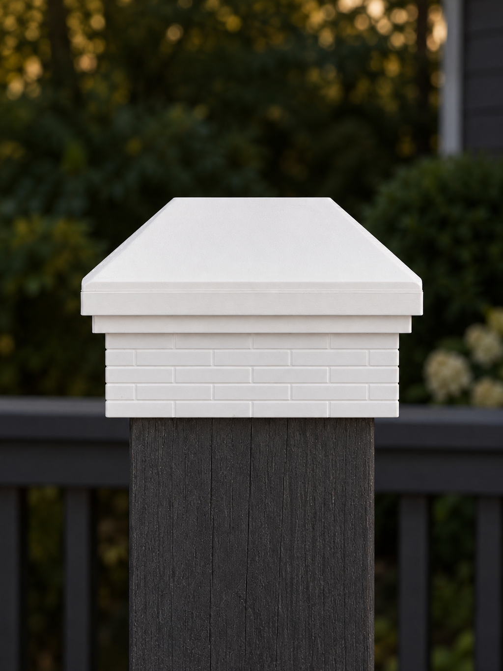 4×4 Post Cap – High Profile Roof with Brick Base – White – Fits 4″ Posts