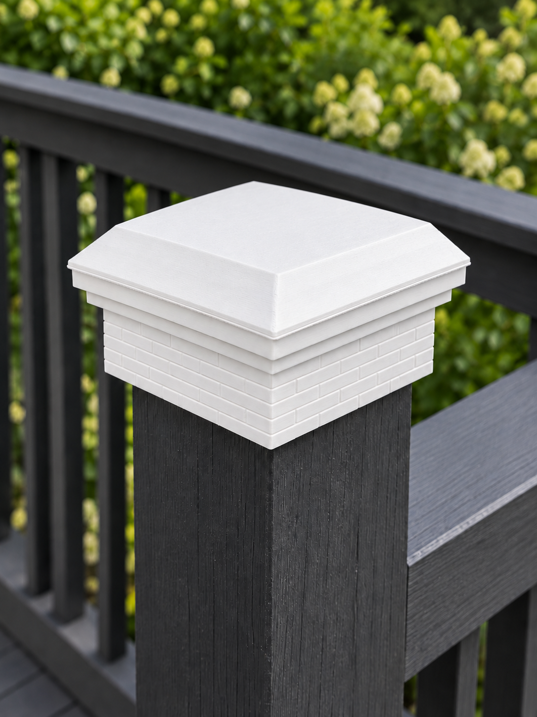 4×4 Post Cap – Low Profile Roof with Brick Base – White – Fits 4″ Posts